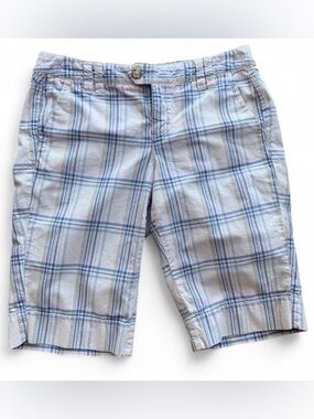 Preppy Summer Resortwear Blue, Pink, & Beige Plaid Cotton Bermuda Shorts